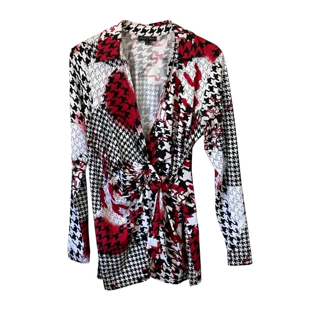 Max & Rina Women's Wrap Top Long Sleeve Houndstooth Print Red Black White Med